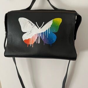 Meira T Black Crossbody Bag with Rainbow Butterfly Artwork